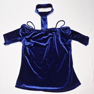 Vtg 90s Klaxons Royal Blue Velvet Choker Cold Shoulder Top Medium Made In USA